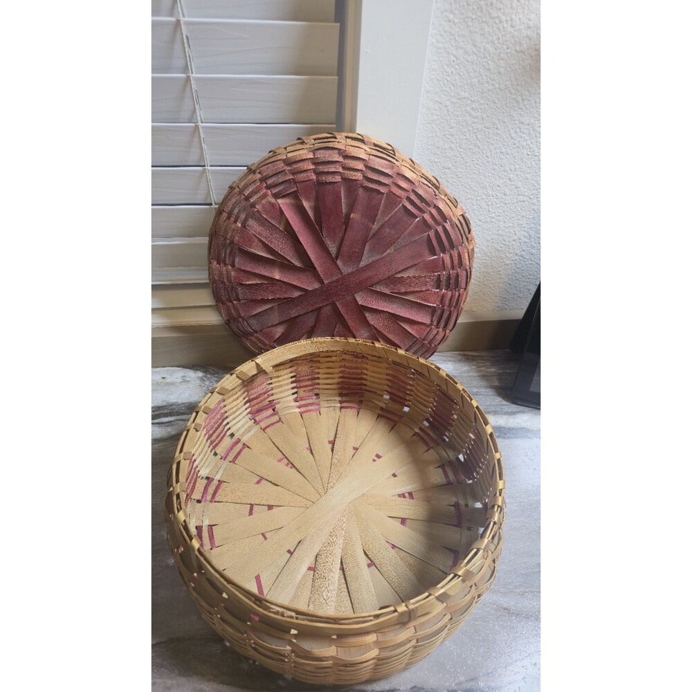 Handwoven Split Wood Lidded Basket Primitive Farmhouse Storage Red Accent 10.5" - Picture 5 of 9
